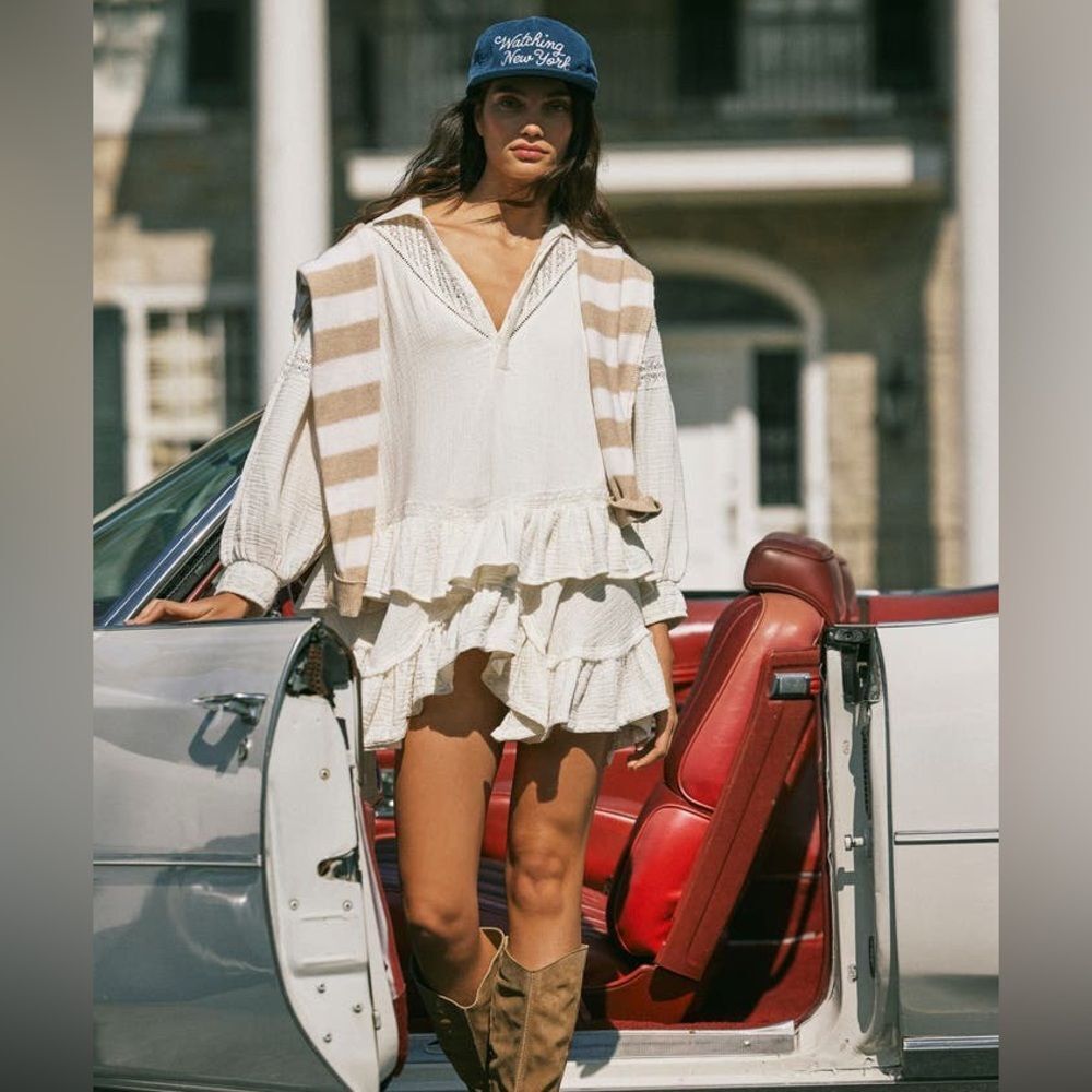 NWT Free People Sachi Long Sleeve Ruffle Minidress in Ivory Sz M oversized rayon